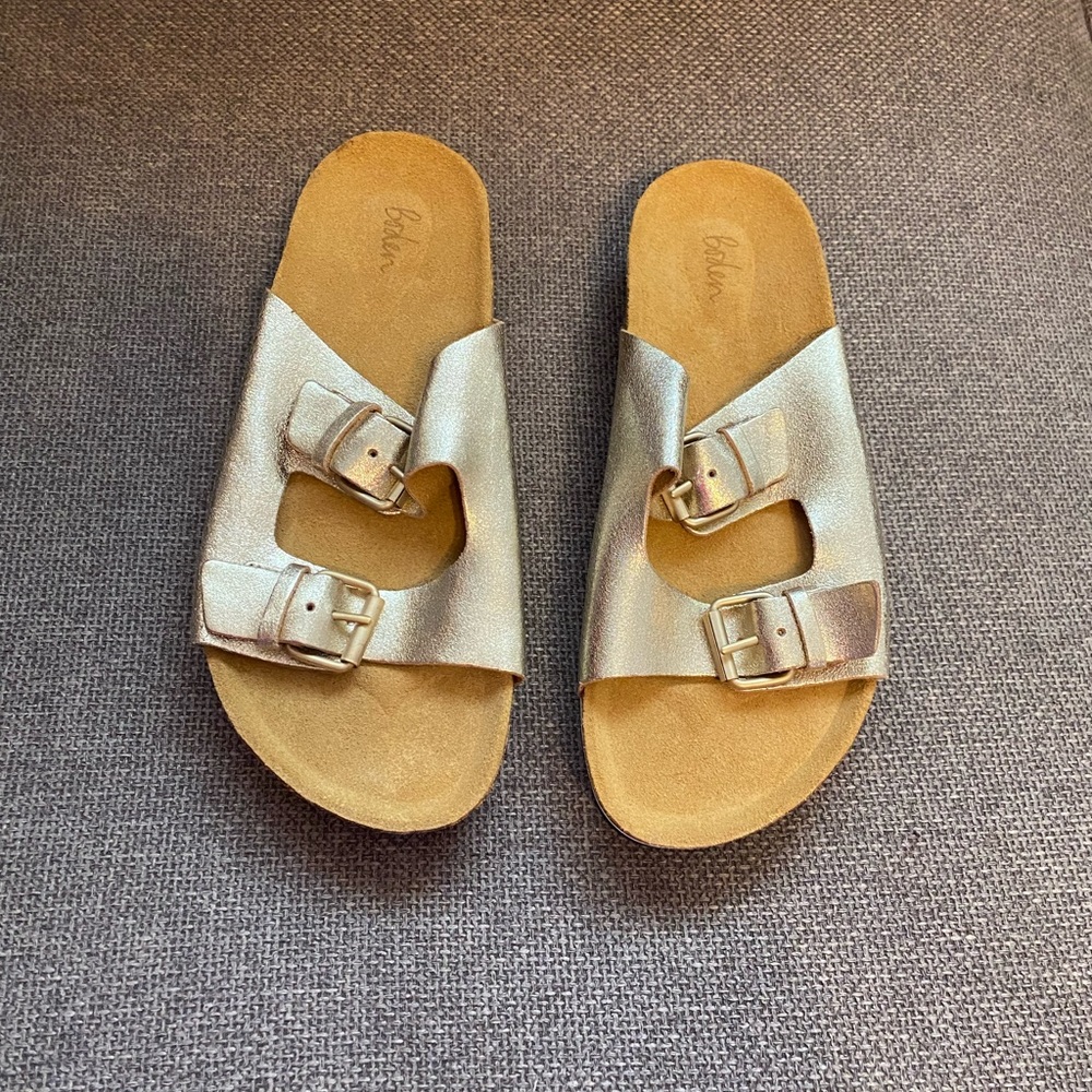 Boden Metallic Gold Double-Buckle Slide Sandals